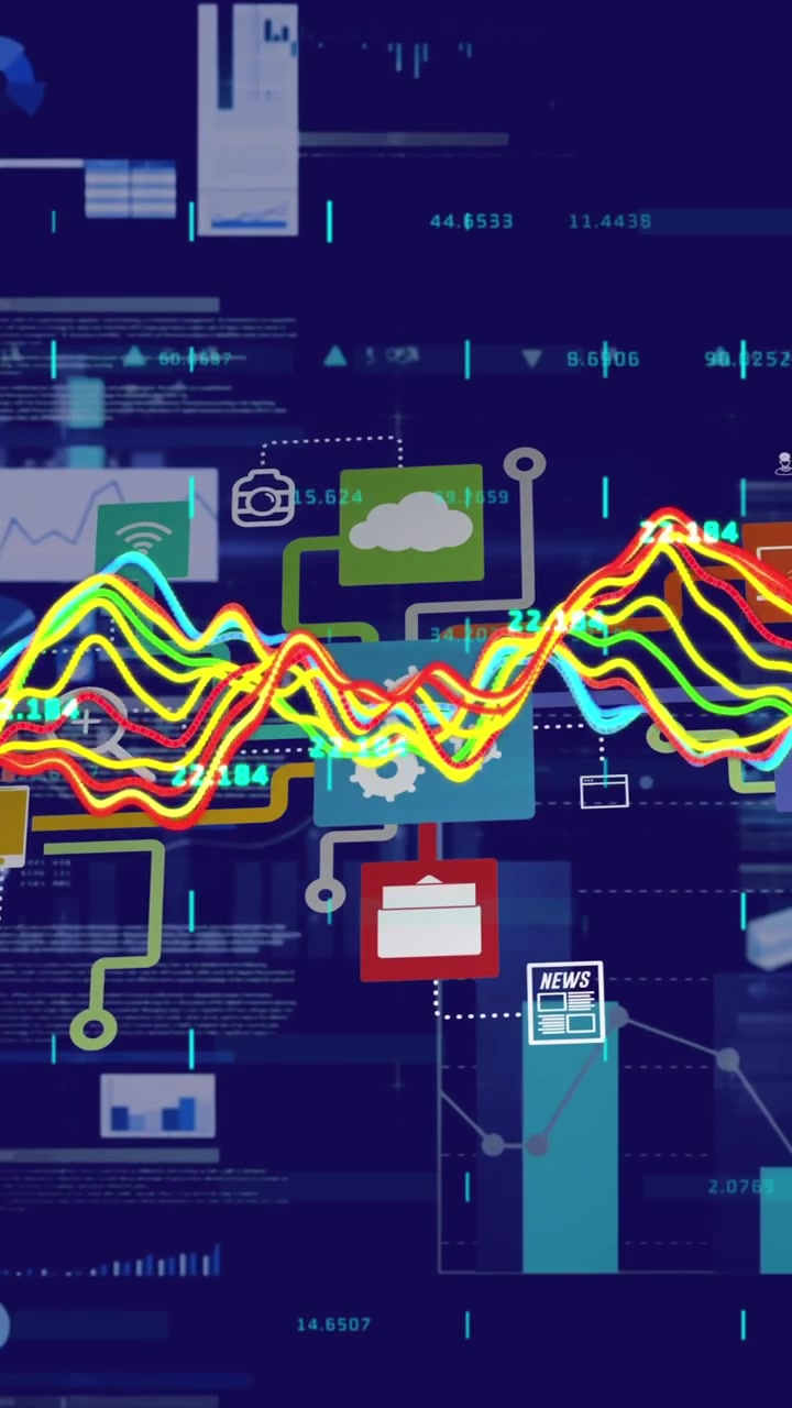 Animación de procesamiento de datos financieros sobre fondo azul