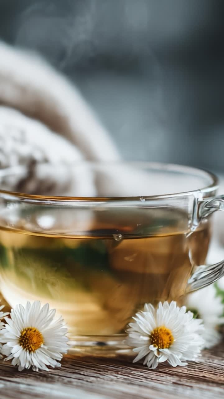 Un momento sereno: un primo piano di una tazza fumante di tisana circondata da delicate margherite bianche e tessuti morbidi, perfetto per il relax e la tranquillità.