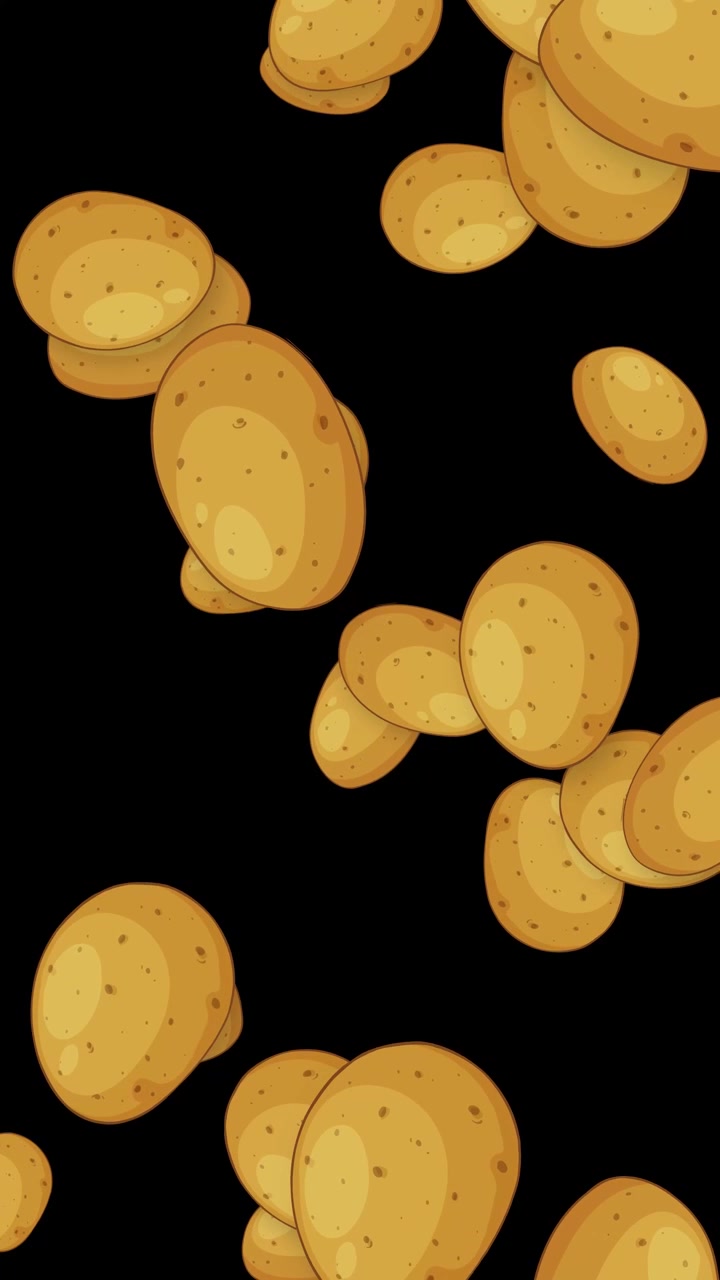 Stylized whole potatoes fall and tumble through a black void in a vertical loop animation.
