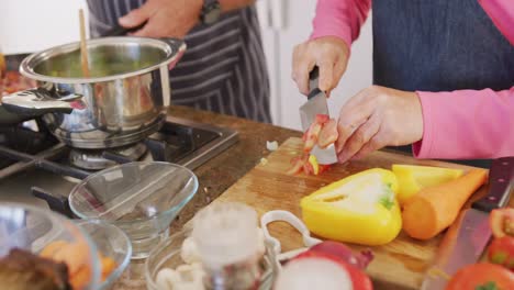 mid section of diverse senior couple wearing aprons and cooking in kitchen