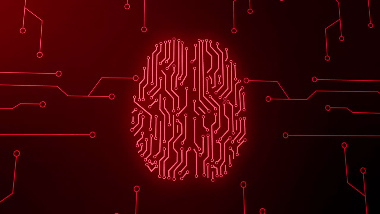 animación de cerebro humano brillante en rojo con circuito de placa madre de computadora sobre fondo negro