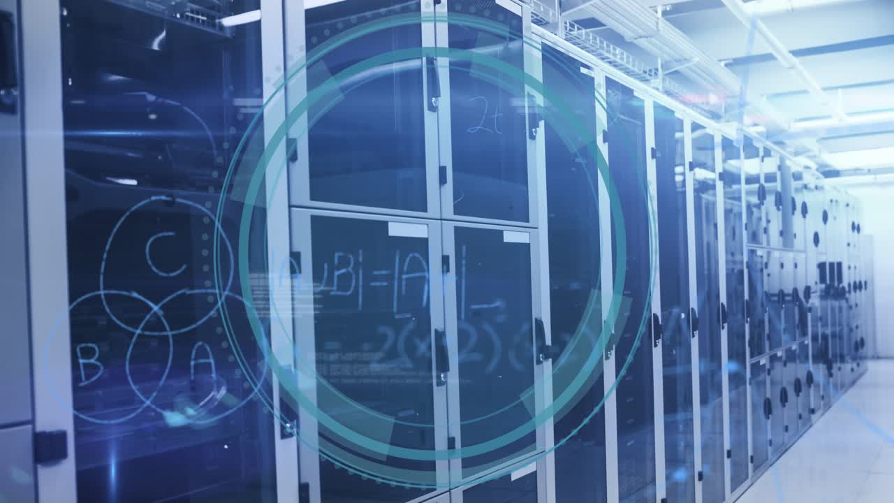 Animation of cyber security text over round scanner and mathematical equations against server room