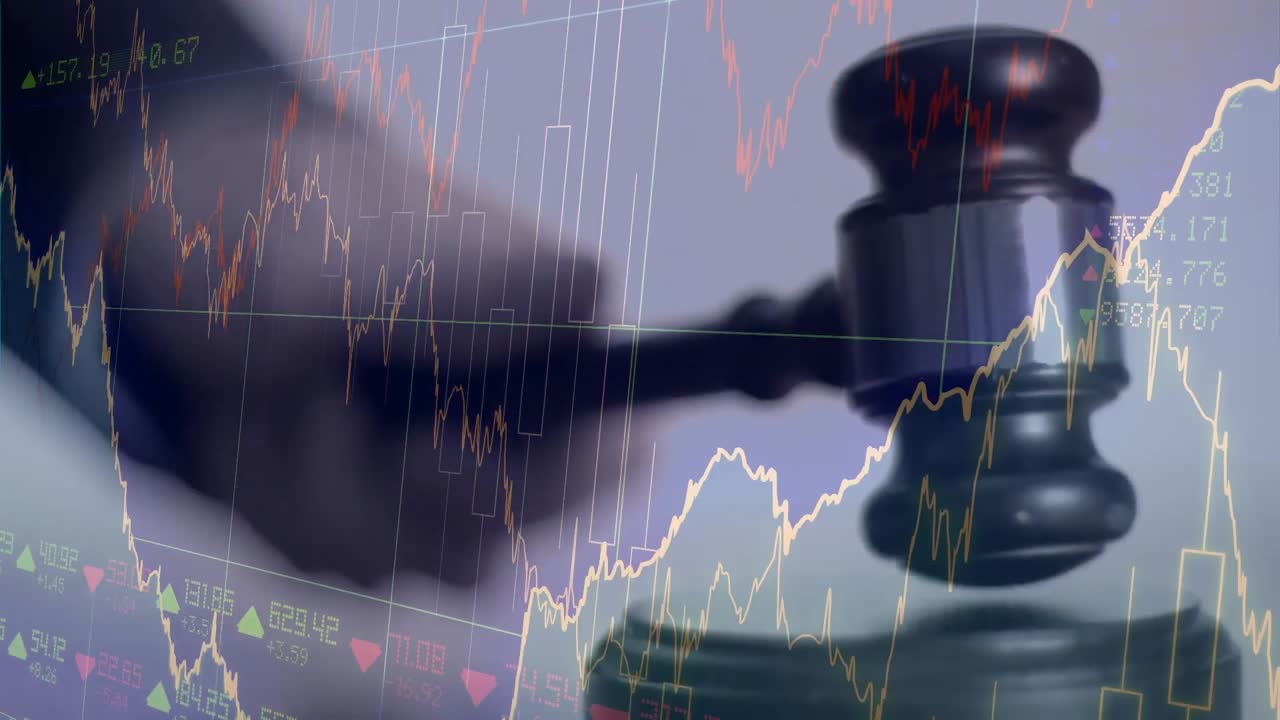 Animation of statistics and financial data processing over auctioneer's hammer