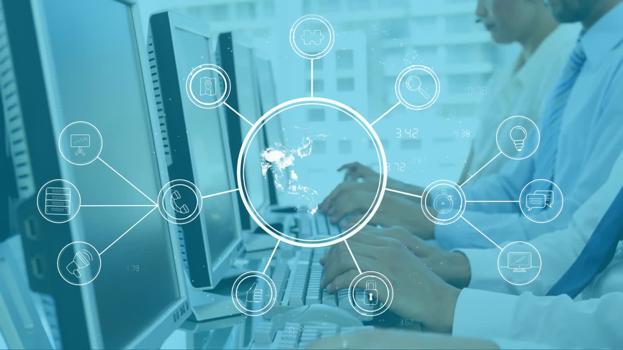 escribir en teclados, gente de negocios con iconos de red animación sobre computadoras
