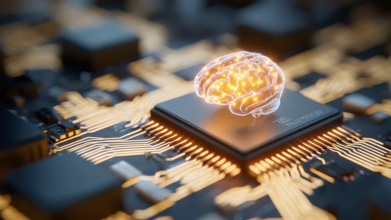 Udforskning af sammensmeltningen af teknologi og intelligens: En visuel repræsentation af en hjerne på et printkort, der symboliserer fremskridt inden for kunstig intelligens