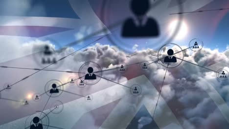 animación de la red de conexiones de iconos con la gente sobre la bandera del reino unido y las nubes