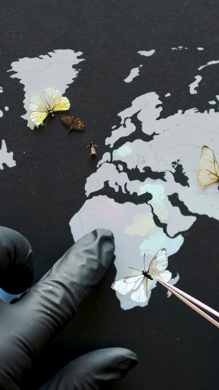 Vertical video: Lowering gloved hand placing pale butterfly on world map for staging, with tweezers