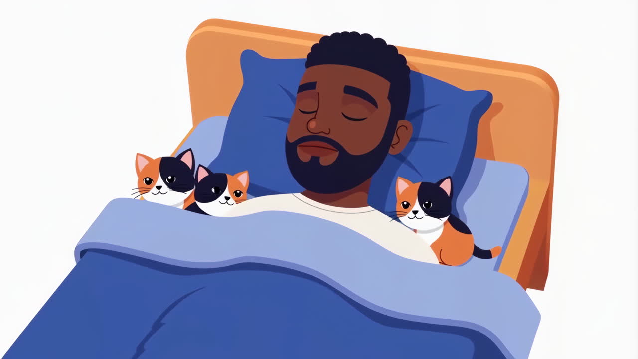 Uomo che dorme serenamente con tre gattini calico