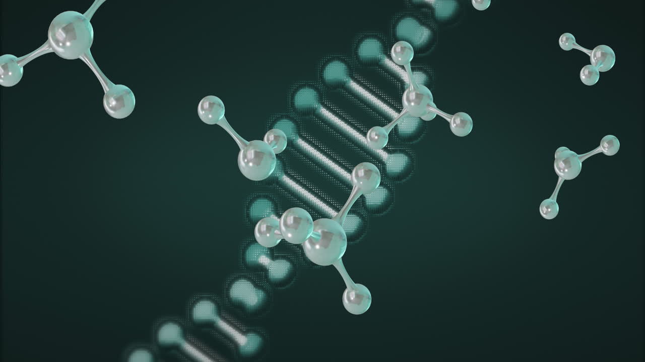 animación de micro 3d de moléculas y cadenas de adn en fondo verde