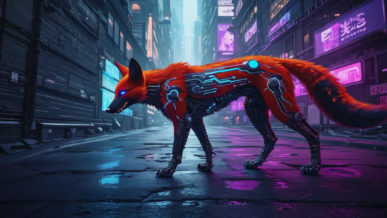 Cyberpunk-ræv i en futuristisk by