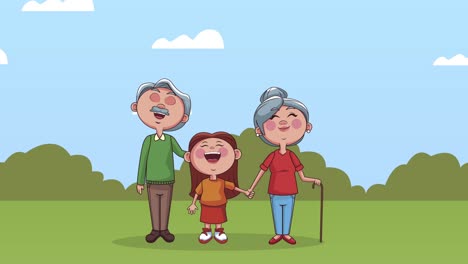 grandparents couple with granddaughter in the field animation