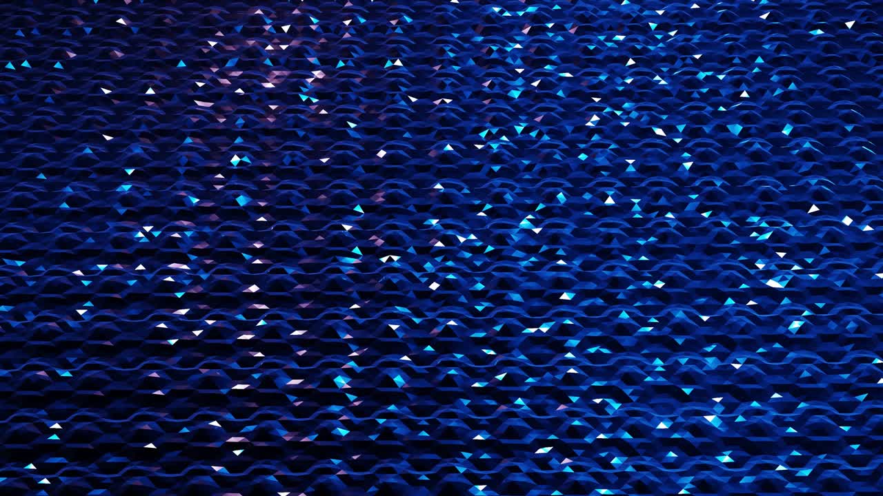 4k에서 세련된 어두운 추상적인 낮은 폴리 배경, 추상적인 파동은 반이는 금속 표면에서 루프로 움직입니다, 부드러운 부드러운 무 애니메이션, 간단한 미니멀리즘 기하학, 푸른 색.