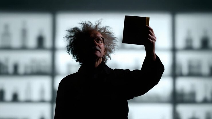 A silhouette of an eccentric figure holding a book aloft against a backdrop of shelves filled with mysterious bottles, creating a scene of curiosity and intrigue