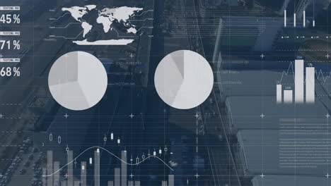 animation of infographic interface over aerial view of cityscape with vehicles
