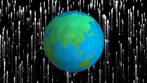 Animation-of-white-stripes-falling-over-globe-on-black-background