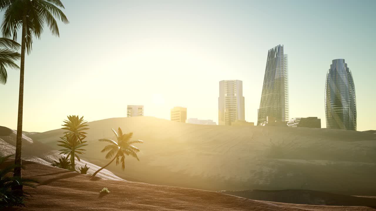 사막 속 의 도시 초고층 건물