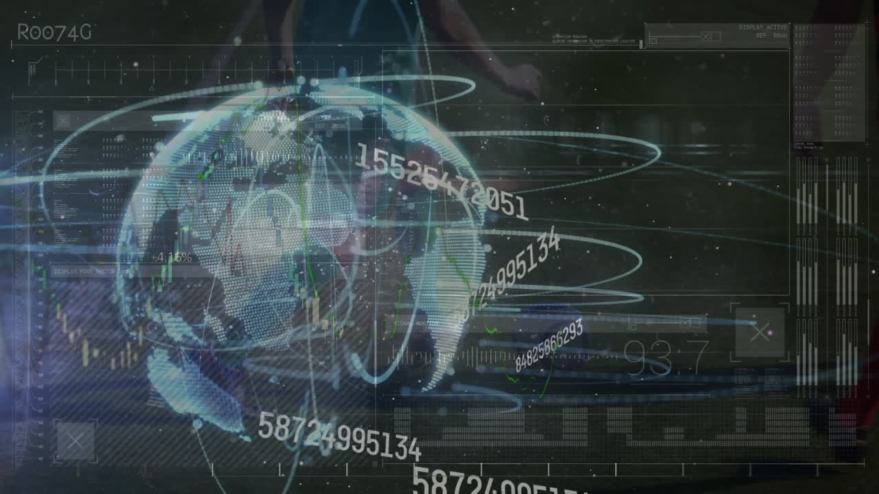 Animation of globe with data processing over diverse football players at stadium