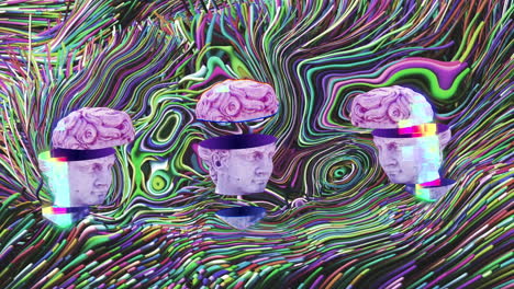 sliced classic statue heads moving over multicoloured liquid swirl background