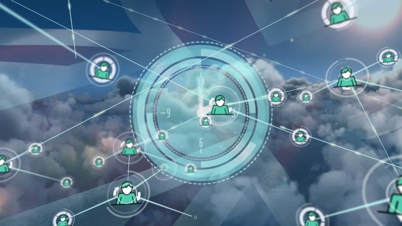 시계 위에서 사람 아이콘과 연결된 네트워크의 애니메이션