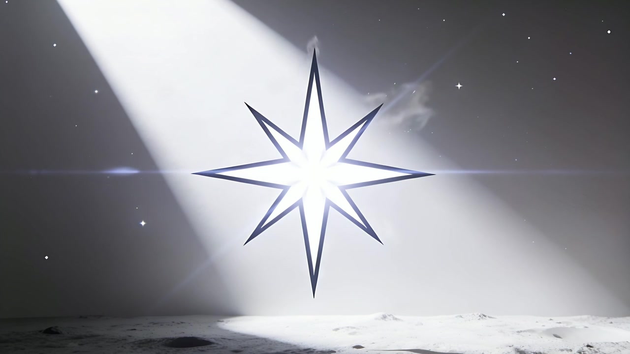 Beaming from upper-left causing eight-point star brightening and scaling on lunar plain with mist