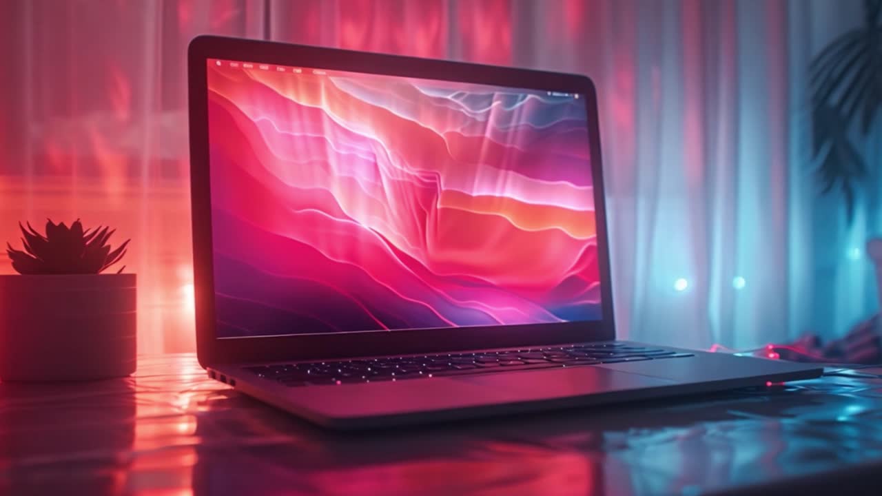 Laptop with Abstract Neon Screen in a Vibrant Room