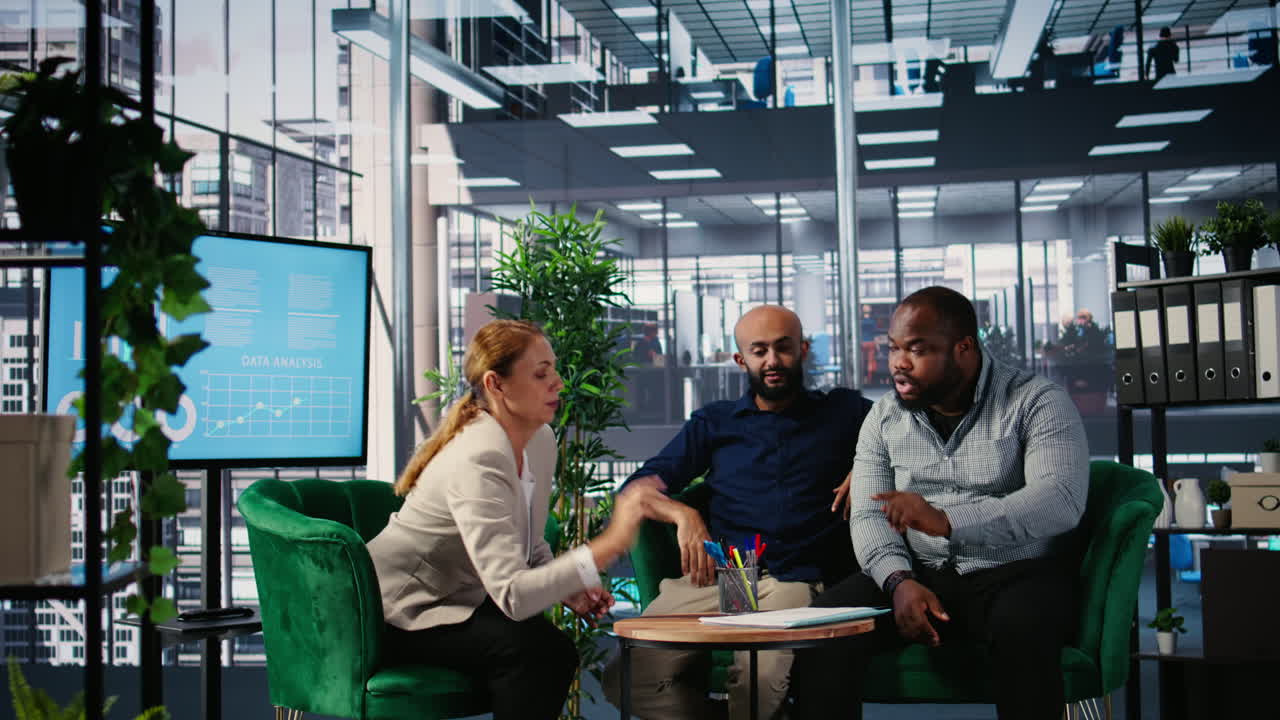 Vertical Video Corporate professionals discussing global market trends in boardroom