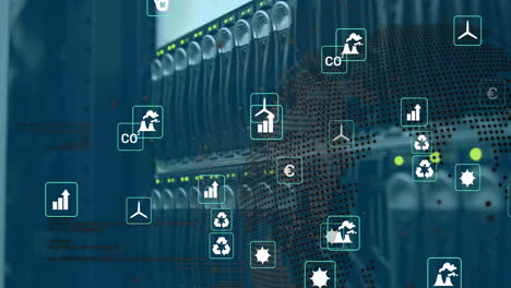 Animation-of-eco-icons-and-data-processing-over-computer-servers