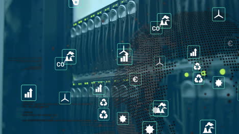 animazione di eco-icone e elaborazione dei dati su server informatici.