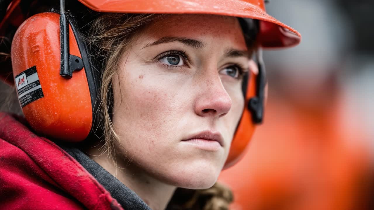 Focused Determination: A Close-Up of a Young Female Worker with Ear Protection Preparing for an Outdoor Task, Exhibiting Resilience and Commitment in a Team Environment