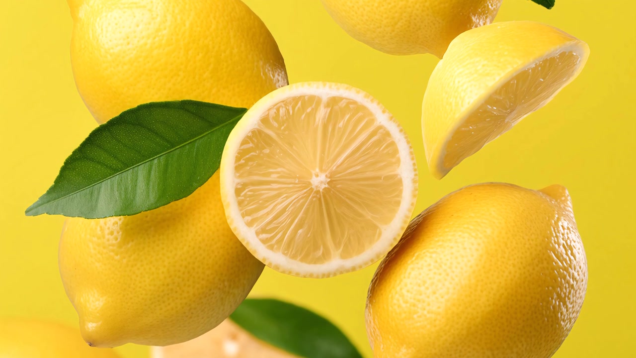 Limoni freschi interi e a fette con foglie che cadono su sfondo giallo