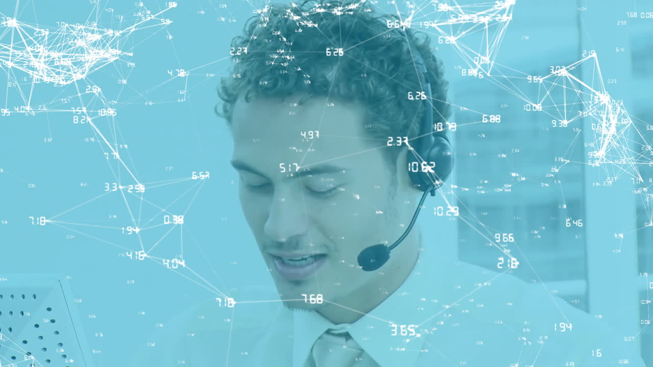 연결 네트워크 및 데이터 처리 애니메이션 헤드을 가진 사람 위에