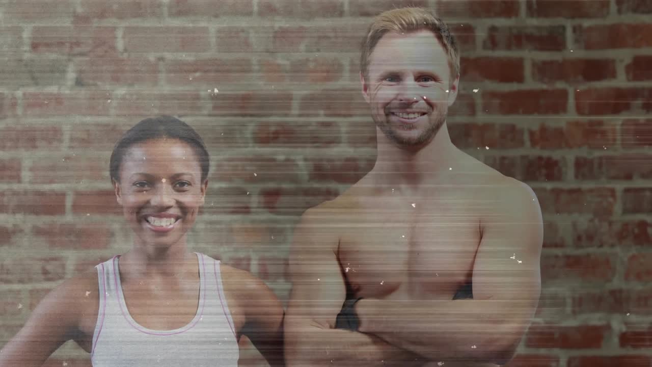 Woman entering frame and starting talk with man, activating animated fitness stats around them