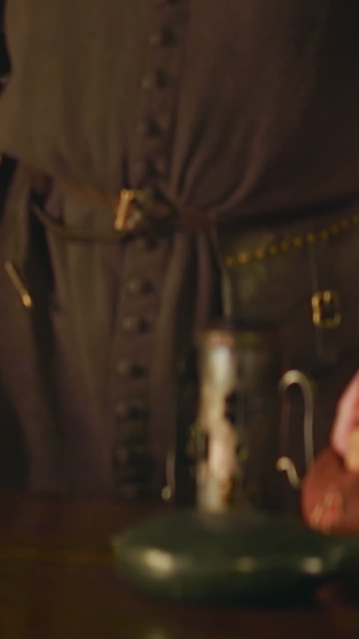 바텐더는 중세 술집의 카운터에 기대어, 갈색 드레스를 입은 주의 깊은 바키퍼는 상점에서 손님 주문을 듣고, 고대 술집 모험을 방문합니다.