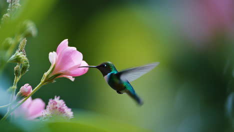hummingbird hovering near a pink flower