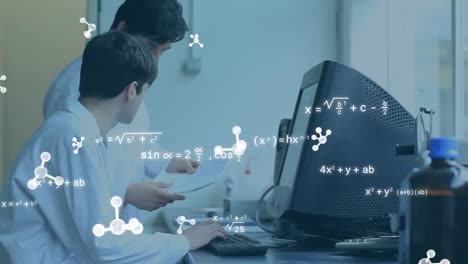 Animation-of-molecules-and-mathematical-equations-over-caucasian-scientists-using-computer-in-lab