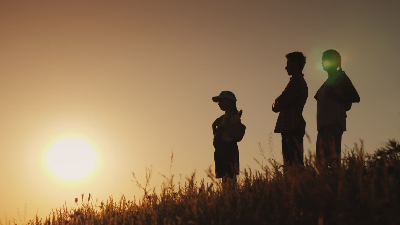 행복한 가족의 실루엣이 함께 그림 같은 곳에서 새벽을 만납니다. 4k 비디오