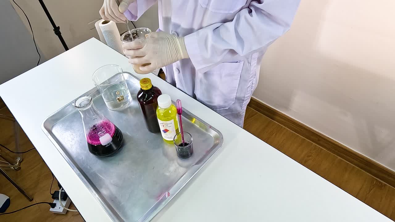 Scientist conducts vibrant elephant toothpaste experiment using beaker, dish soap, and food coloring in a well-lit laboratory setting