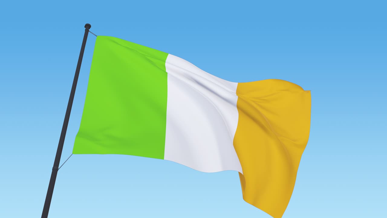 Video bandiera irlandese. Filmato in loop 3D della bandiera dell'Irlanda alla luce del giorno.