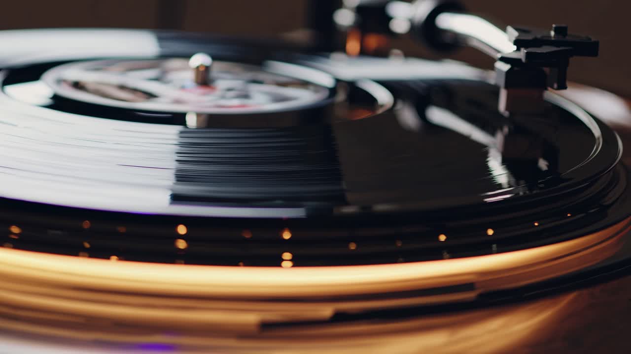 Nærbillede af en vinylplade, der drejer rundt på en pladespiller