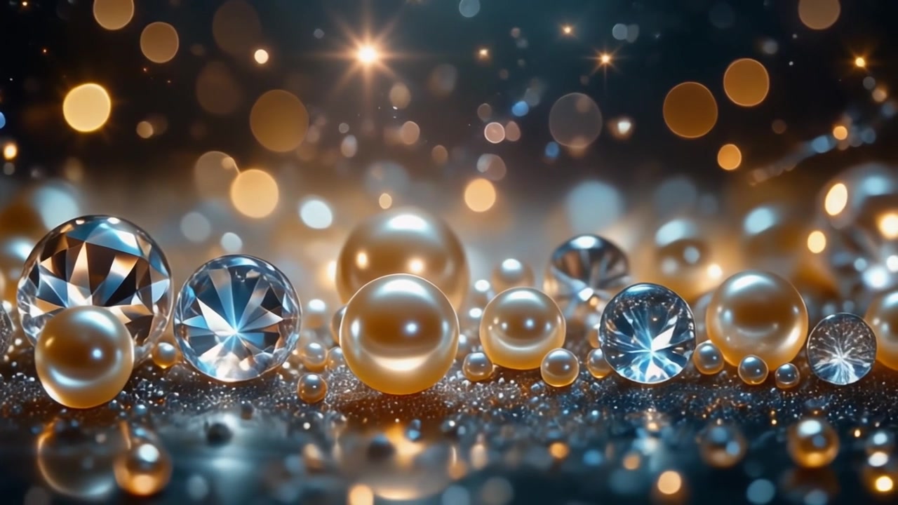 Diamanti scintillanti e perle lucenti su una superficie brillante