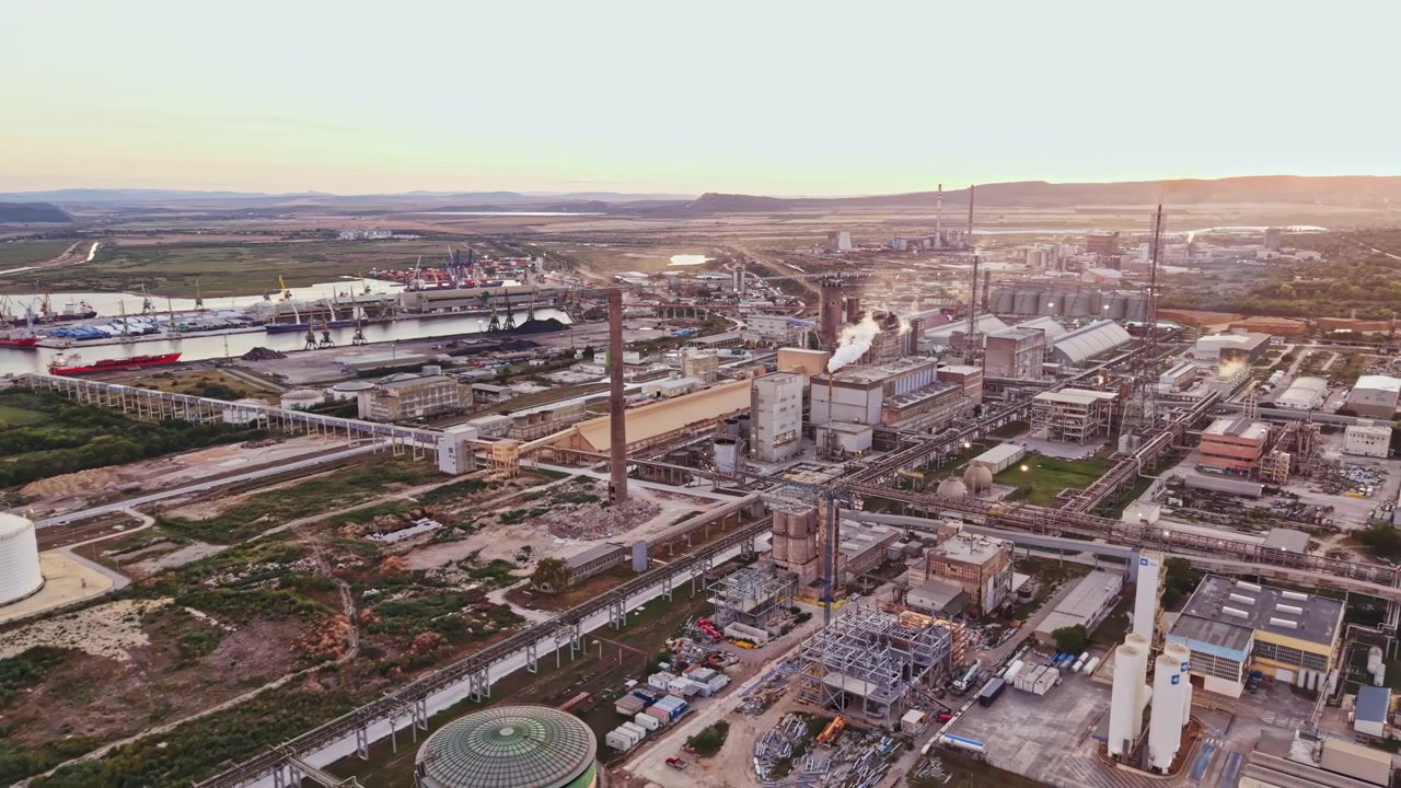 Large industrial site with factories and shipping docks at sunset in an open landscape