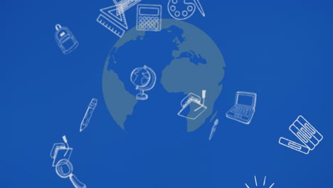 animation of school icons floating over blue globe and blue background