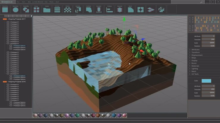 Animazione mock-up software 3D di architettura del paesaggio con progetto di foresta nel cortile con alberi e un lago. Modello di interfaccia grigia per display di computer e schermi di laptop