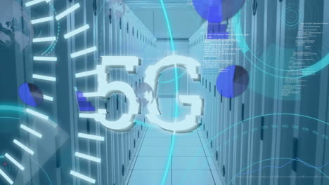 Animation-Von-5g-Text,-Rundscannern-Und-Statistischer-Datenverarbeitung-Im-Computerserverraum