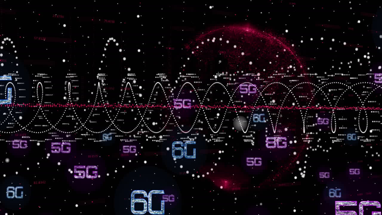 Animation of 6g text and financial data processing over black background
