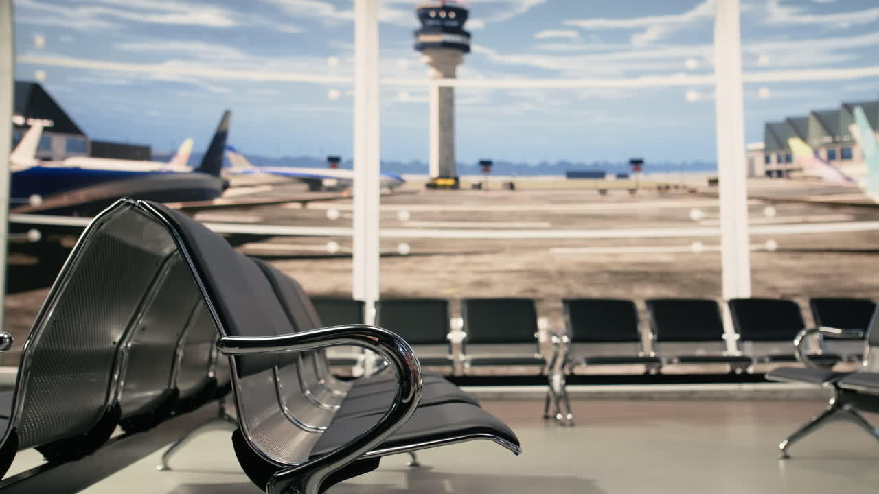 Terminal de aeroporto, sala de embarque vazia, assentos sem pessoas.