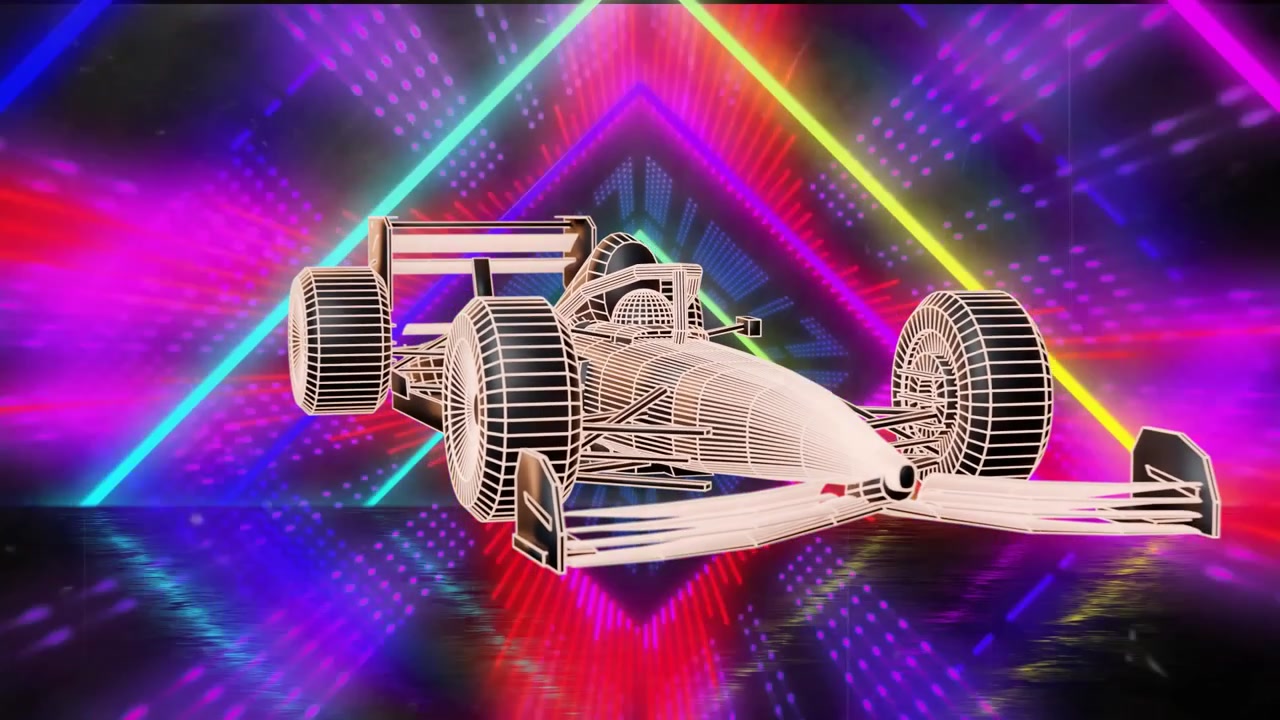 Camera pulling back revealing wireframe F1 floating aligning amid neon tunnel pulsing showing depth