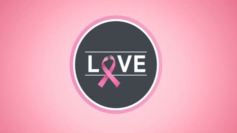 animation of pink ribbon logo and love text appearing on pink background