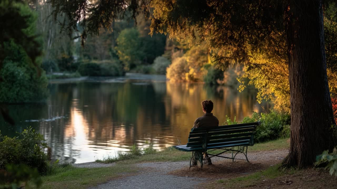 A Tranquil Evening by the Water: A Solitary Figure Enjoying a Serene Moment on a Park Bench Surrounded by Lush Greenery and Reflective Waters