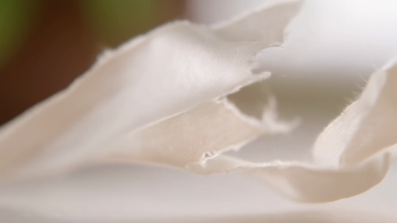 Tessuto bianco delicato con bordo sfrangiato, studio macro di fibre di seta e fili sciolti, bokeh caldo neutro